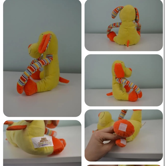 Best Plush Yellow Puppy Dog Plush Stuffed Animal Toy Orange Ears Stripes Blue - Picture 2 of 3